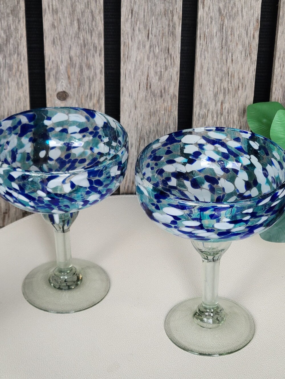 Handblown Mexican Margarita Stemware Vibrant Blue Confetti Set Of 2